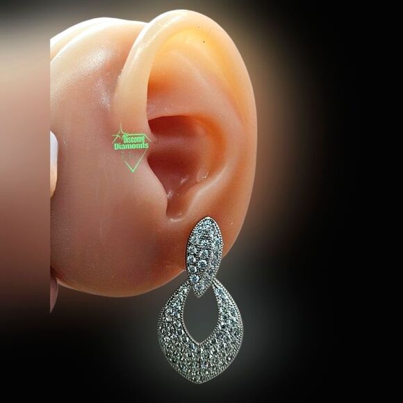 Dainty White Baguette Diamond Dangle Earrings 925 Silver - Picture 8 of 9